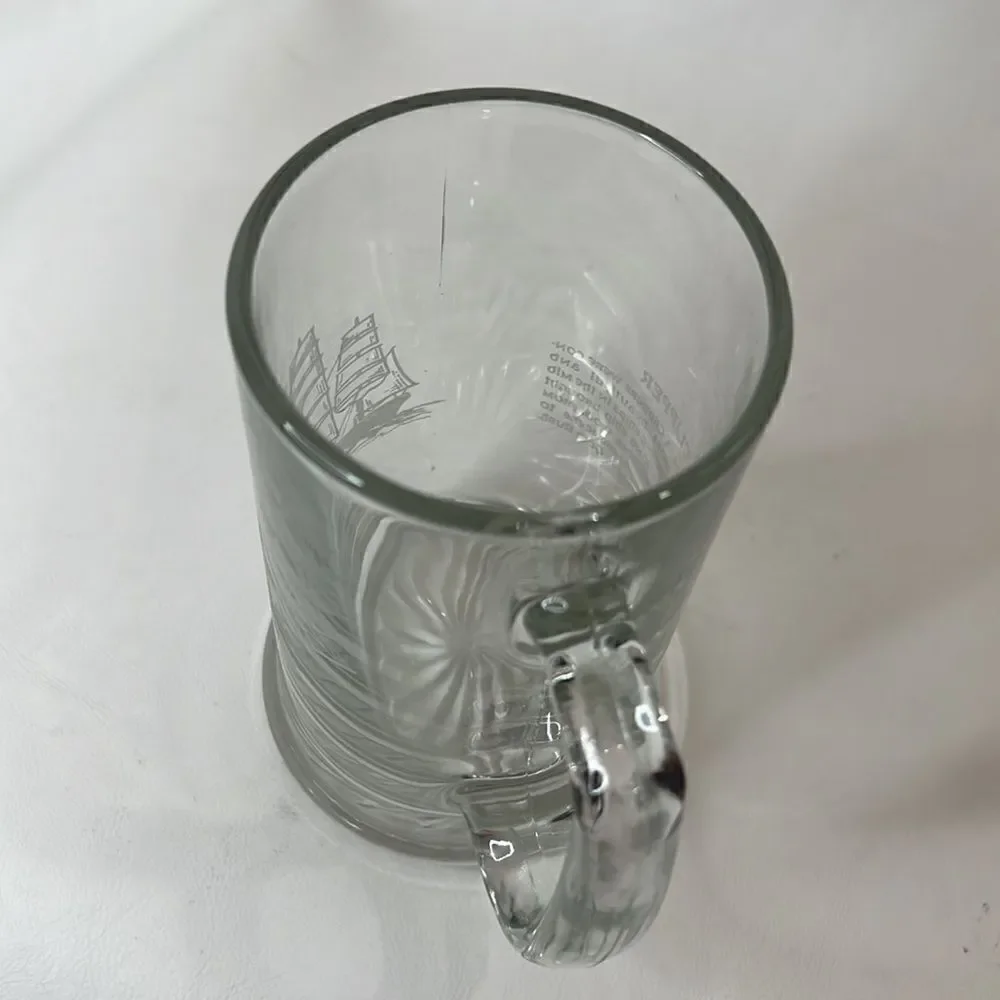Clipper Sailing Ship Beer Stein Clear Glass White Letters 14 Oz 5 3/4 In Tall